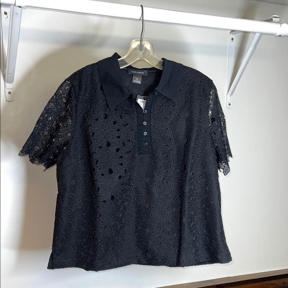 NWT Club Monaco Black Floral Lace Overlay‎ Button Up Polo Shirt- 14